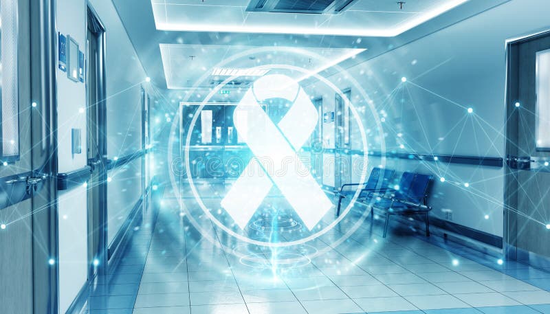 Hospital blue corridor with digital aids ribbon floating in dots connections 3D rendering vector illustration Hospital blue corridor with digital aids ribbon floating in dots connections 3D rendering vector illustration