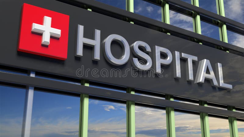 Hospital building sign closeup, with sky