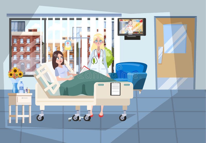 Hospital room interior. Patient lying in the bed stock illustration Hospital room interior. Patient lying in the bed stock illustration