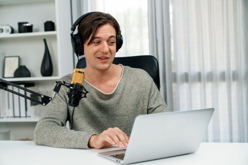 Host channel broadcaster talking show with script and smartphone. Pecuniary. stock photo