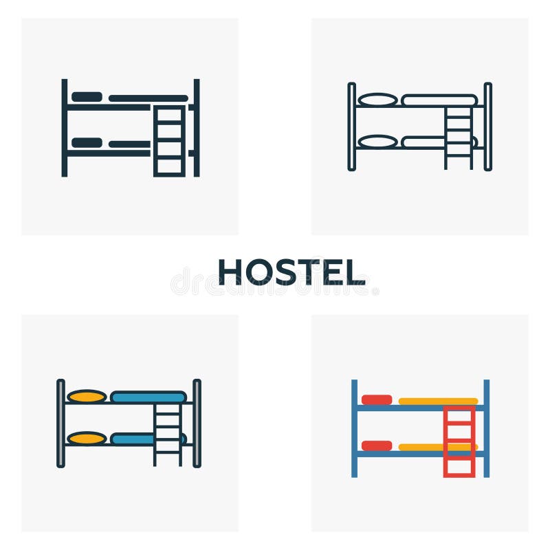 “Hostel轮廓”图标 从城市元素图标集中进行细风格设计 旅馆图标的像素完美符号 Web设计、应用 皇族释放例证
