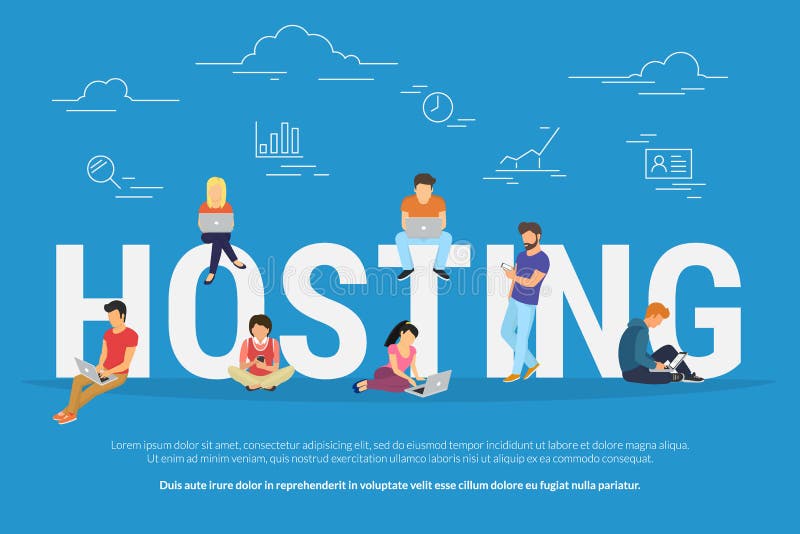 Hosting concept vector illustration of young people using laptops for internet and working in web stock illustration Hosting concept vector illustration of young people using laptops for internet and working in web stock illustration