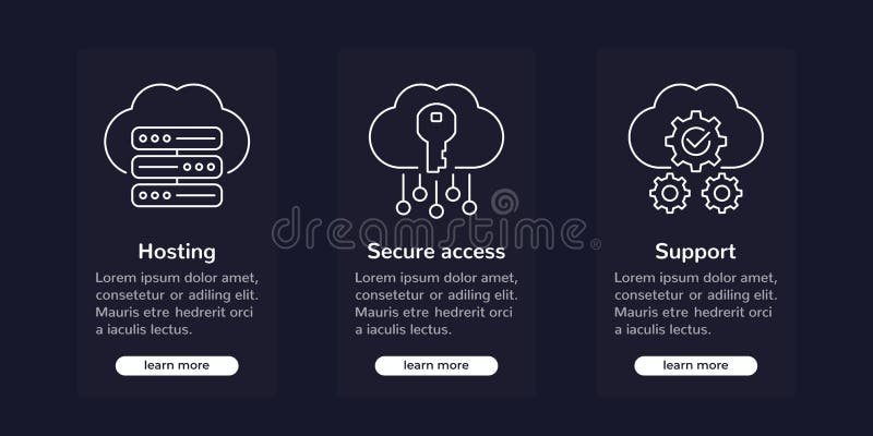 Hosting solutions banners with line icons vector illustration