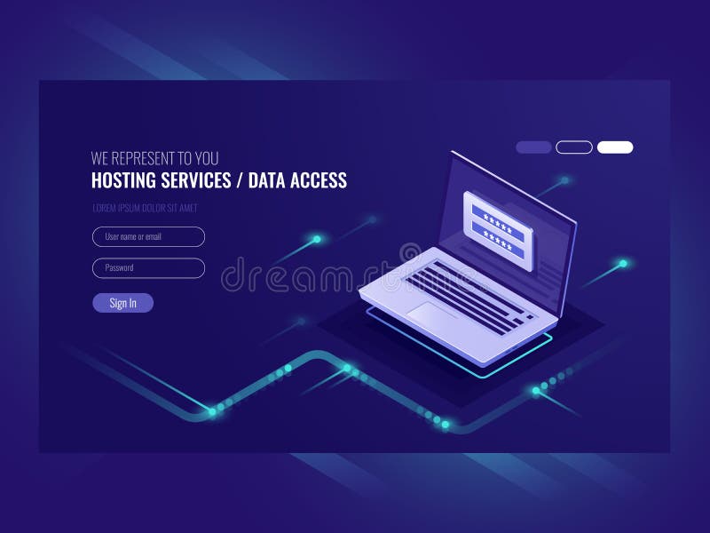 Hosting services, user authorization form, login password, registration, laptop, network data access isometric vector ultraviolet. Hosting services, user authorization form, login password, registration, laptop, network data access isometric vector ultraviolet