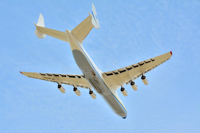 Hostomel Gostomel, Ukraine - 24 of August, 2022: AN-225 Antonov Mriya departed from the Kyiv-Antonov-2 International Airport to perform commercial cargo shipping flight. AN-225 is the world`s largest transport aircraft. Hostomel Gostomel, Ukraine - 24 of August, 2022: AN-225 Antonov Mriya departed from the Kyiv-Antonov-2 International Airport to perform commercial cargo shipping flight. AN-225 is the world`s largest transport aircraft