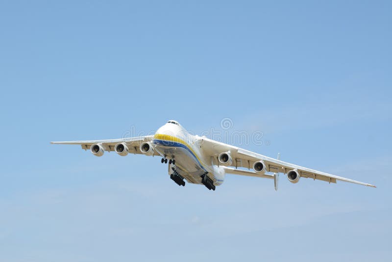 Hostomel Gostomel, Ukraine - 24 of August, 2022: AN-225 Antonov Mriya departed from the Kyiv-Antonov-2 International Airport to perform commercial cargo shipping flight. AN-225 is the world`s largest transport aircraft. Hostomel Gostomel, Ukraine - 24 of August, 2022: AN-225 Antonov Mriya departed from the Kyiv-Antonov-2 International Airport to perform commercial cargo shipping flight. AN-225 is the world`s largest transport aircraft