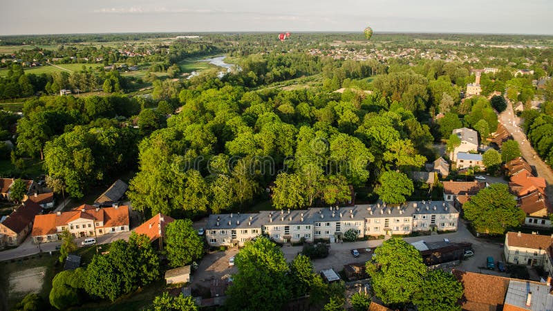 Hot air balloon flight over the city of Kuldiga, Latvia stock images