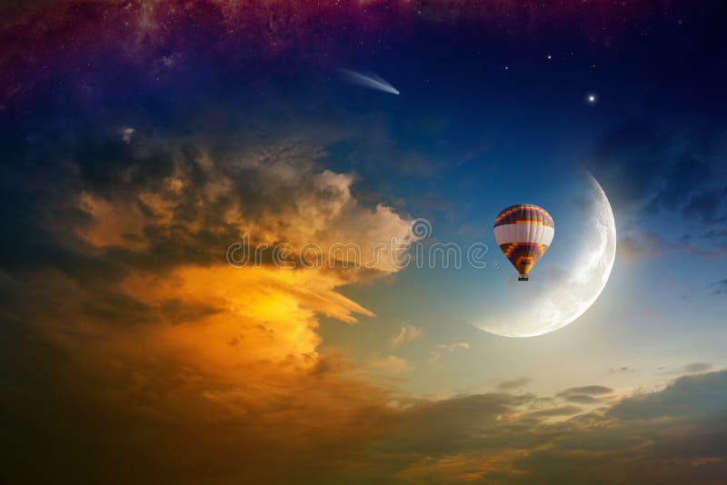 Hot air balloon in glowing sky with rising moon royalty free stock images Hot air balloon in glowing sky with rising moon royalty free stock images