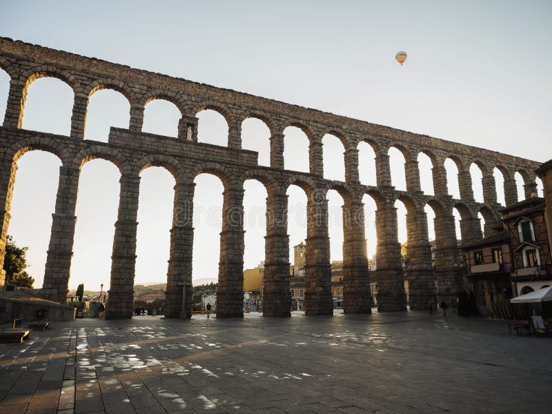 Hot Air Balloon Over Aqueduct of Segovia Roman Architecture Stone Rock ...