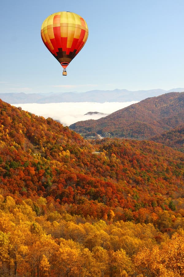Hot Air Balloon Over Smokey Mountains in the Fall Stock Photo Image