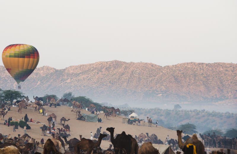 Hot air a balloon over Pushkar Camel Fair ground, Pushkar, Ajmer