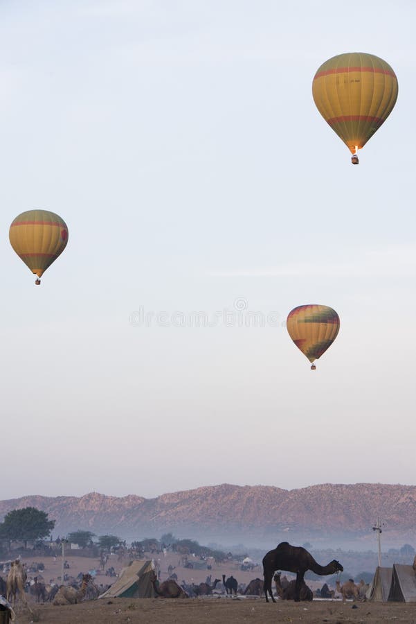 Hot air balloons in air at Pushkar Camel Fair ground, Pushkar, Ajmer