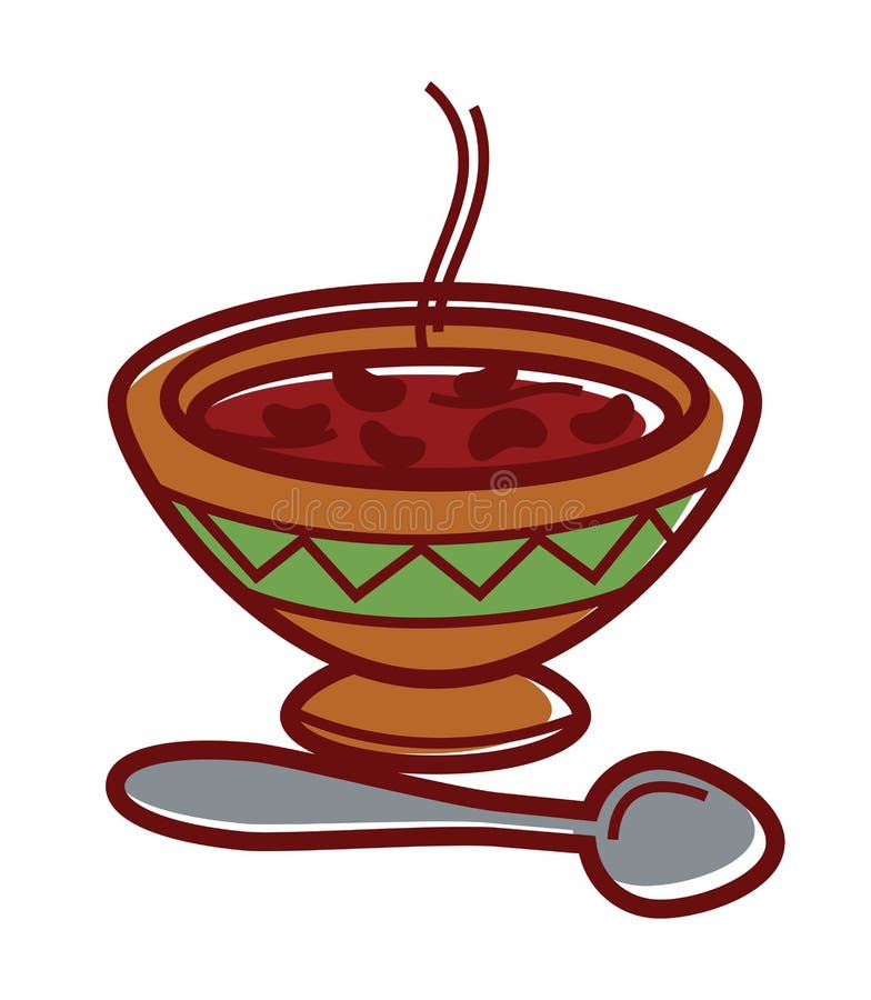 Hot bean soup in bowl with ornament and metal spoon isolated vector illustr...