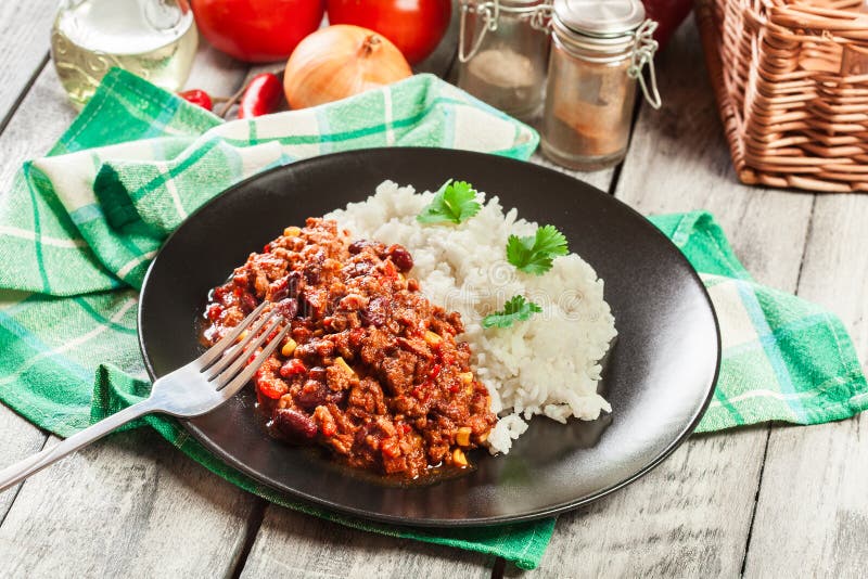 Hot Chili Con Carne With Ground Beef, Beans, Tomatoes And Corn Served ...