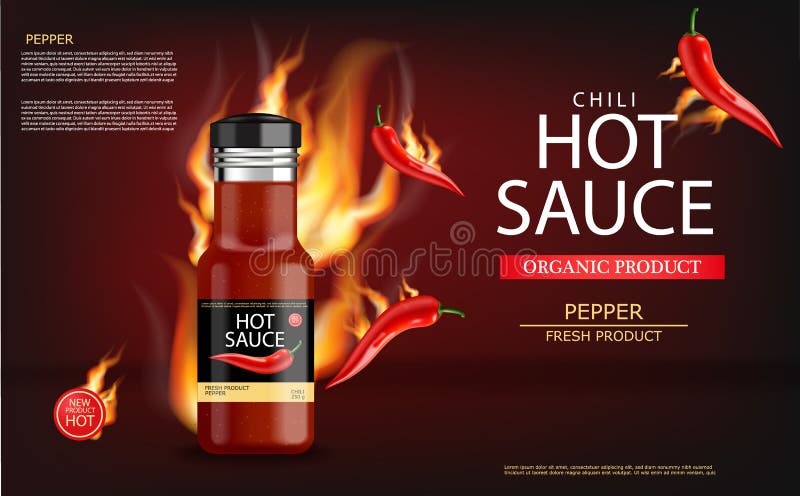 Hot chili sauce on fire vector realistic. Product placement mock up bottle. Label design advertise 3d illustrations royalty free illustration Hot chili sauce on fire vector realistic. Product placement mock up bottle. Label design advertise 3d illustrations royalty free illustration
