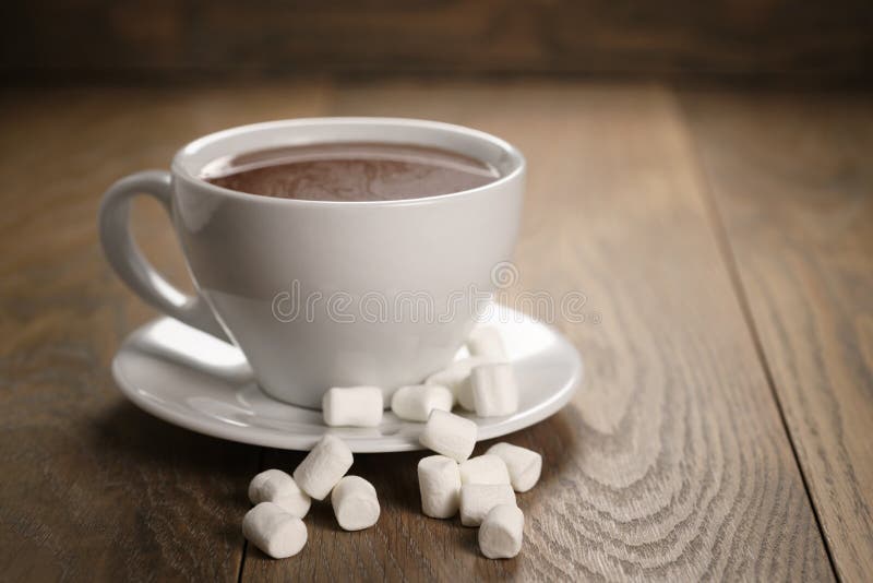 Hot Chocolate in Cappuccino Cup with Marshmallows on Wood Table Stock Photo Image of closeup