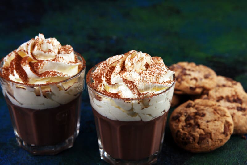 Hot Chocolate with Cocoa and Chocolate Chip Cookies and Whipped Cream