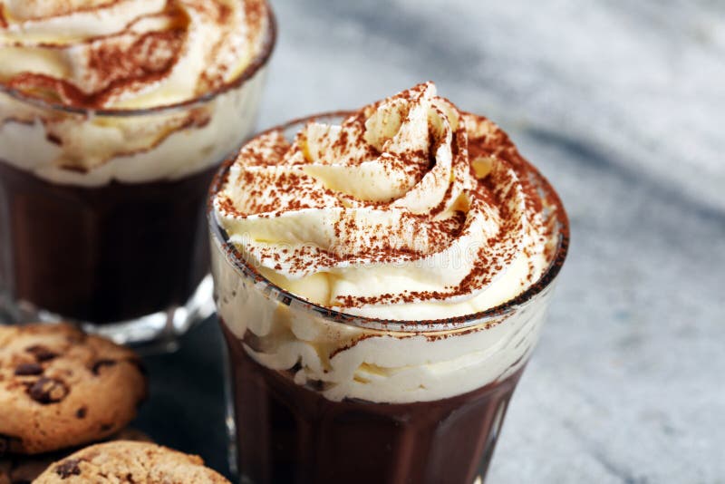 Hot Chocolate with Cocoa and Chocolate Chip Cookies and Whipped Cream