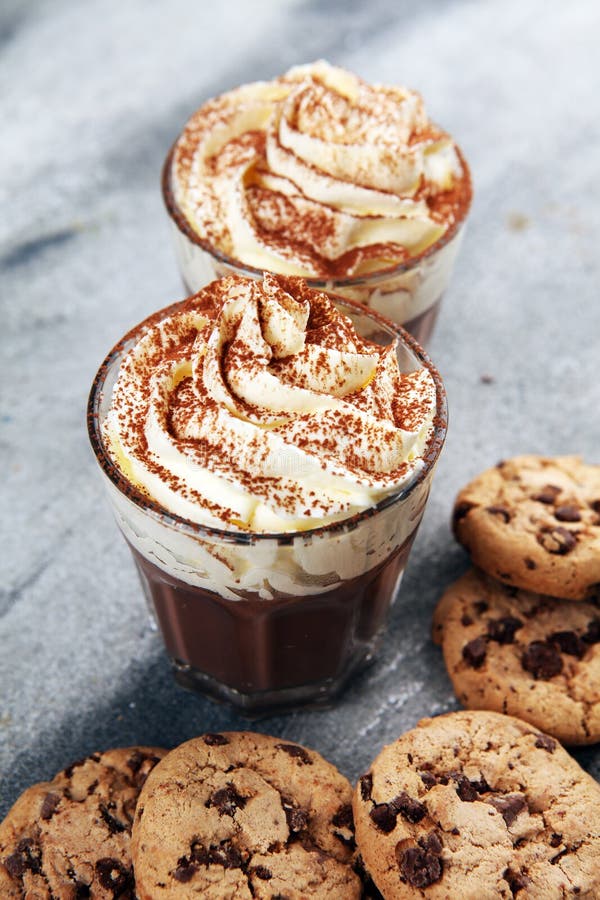 Hot Chocolate with Cocoa and Chocolate Chip Cookies and Whipped Cream