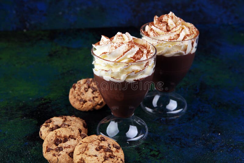 Hot Chocolate with Cocoa and Chocolate Chip Cookies and Whipped Cream