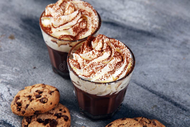 Hot Chocolate with Cocoa and Chocolate Chip Cookies and Whipped Cream