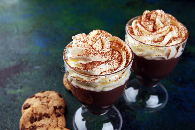 Hot Chocolate with Cocoa and Chocolate Chip Cookies and Whipped Cream