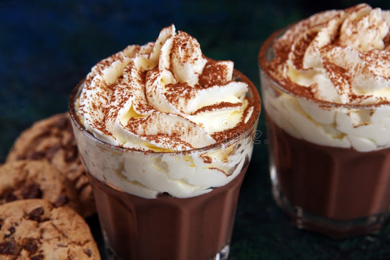 Hot Chocolate with Cocoa and Chocolate Chip Cookies and Whipped Cream