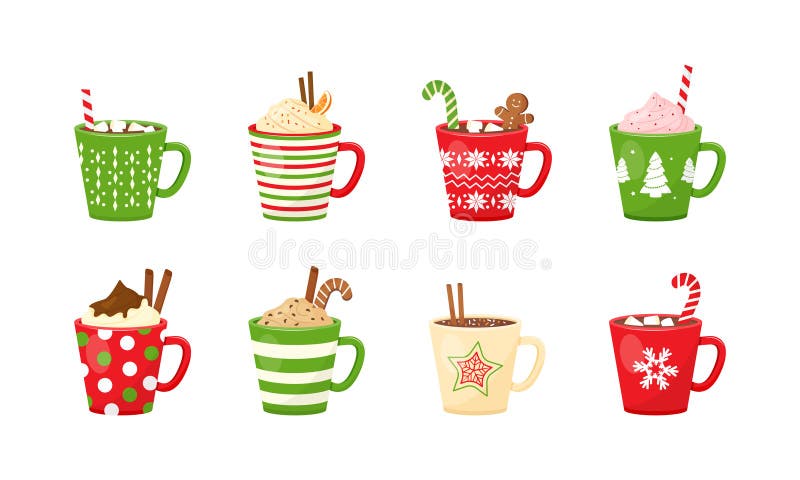 Hot chocolate, cocoa mug, coffee cup, New Year hot drink, Christmas dessert, winter holiday sweet menu. Beverage cozy set. Cartoon