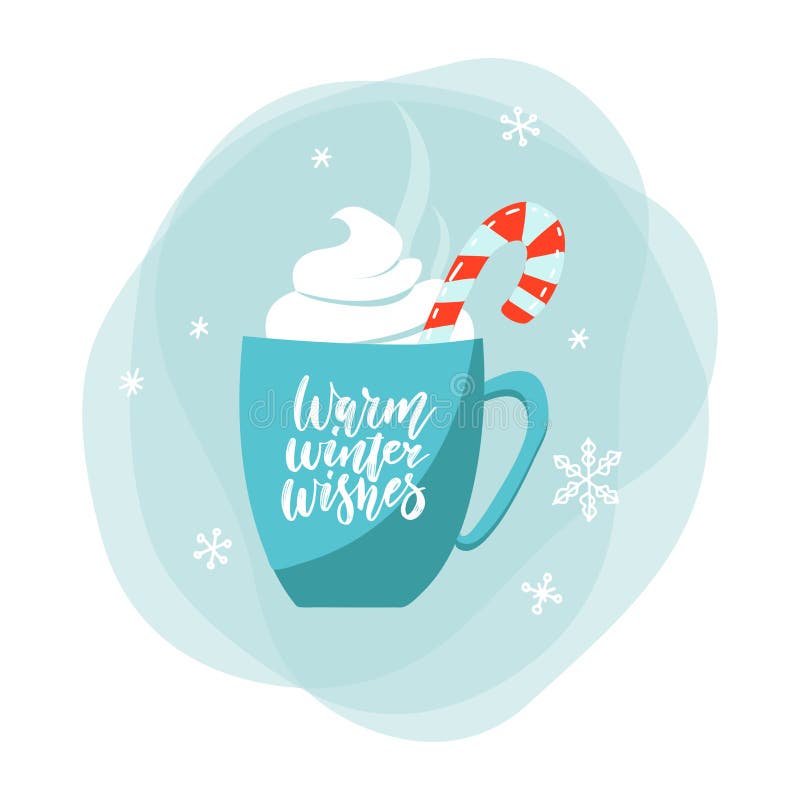 Hot chocolate cup with marshmallow and lollipop, blue with snowflake ornaments. Christmas card design element. Isolated