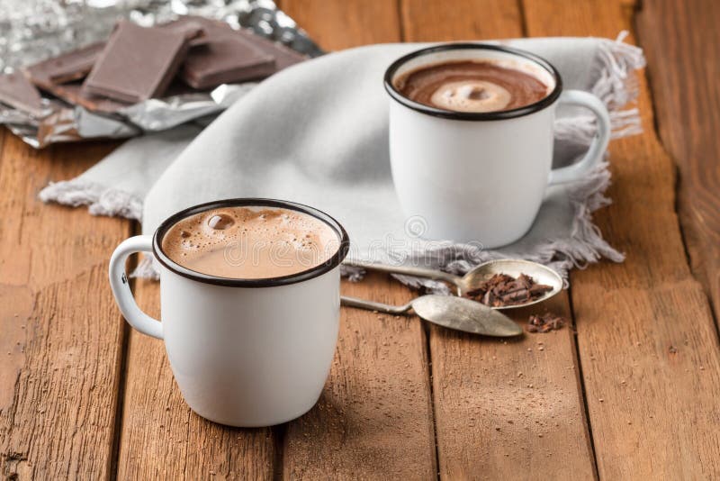 Hot chocolate with foam in two mugs