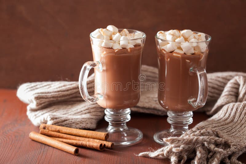 Hot chocolate with mini marshmallows cinnamon winter drink warm royalty free stock photography
