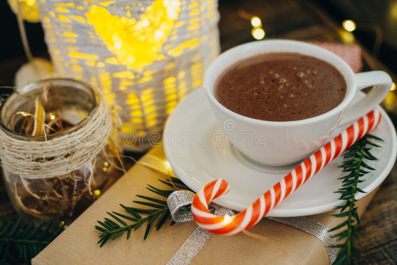 Hot Chocolate with Present, Candy Canes and Fir Tree Branch on D Stock ...