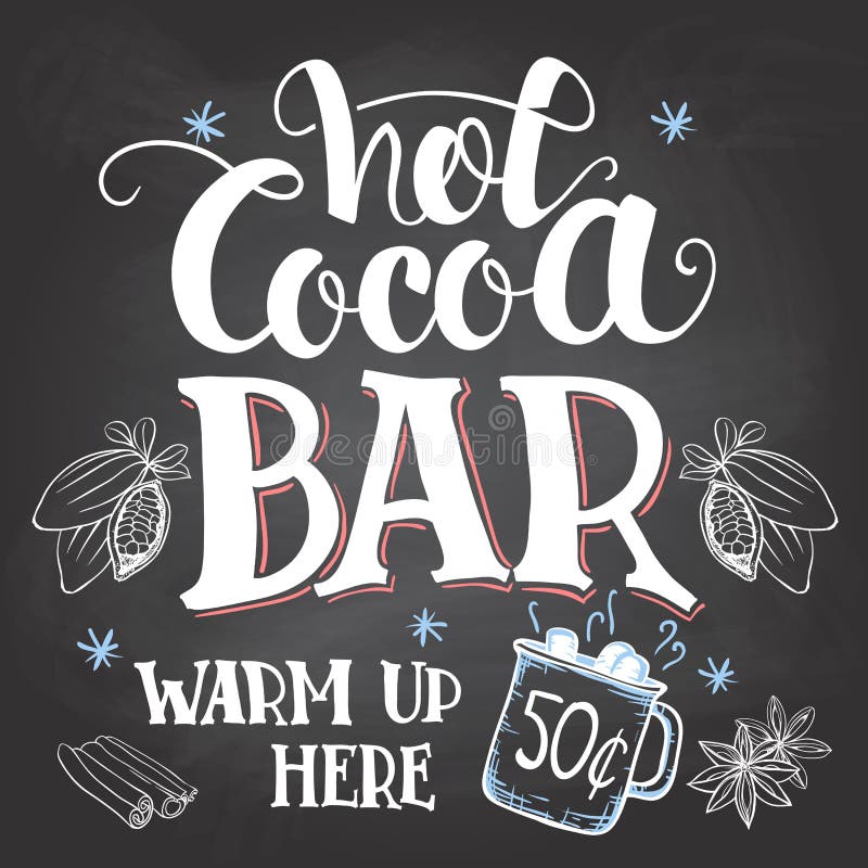 Hot cocoa bar sign on chalkboard background.