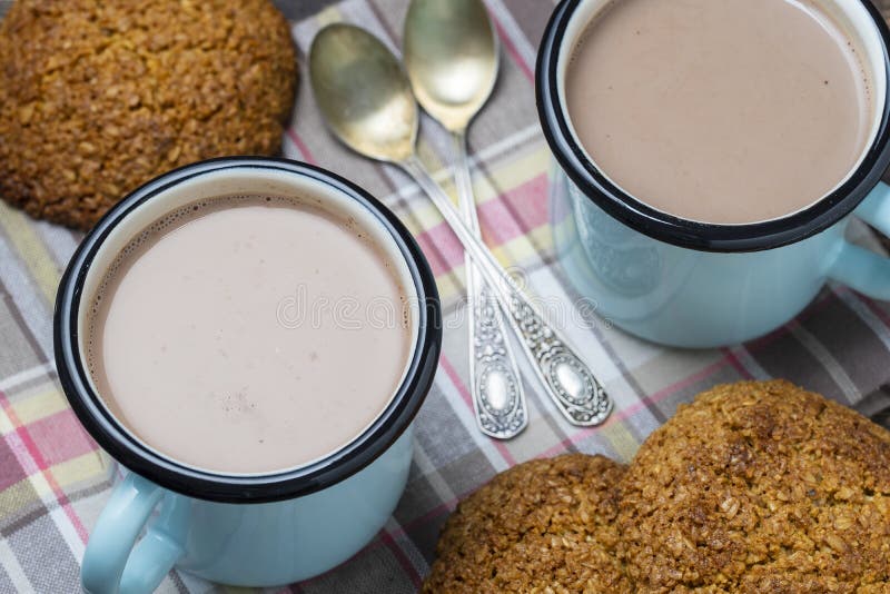 Hot Cocoa Drink and Oatmeal Cookies on the Table Stock Photo Image of