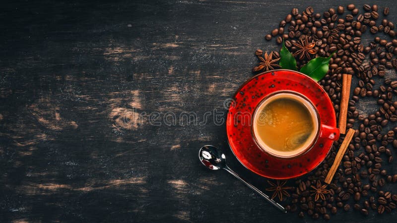 Old Coffee Pot and Cup of Hot Coffee are American. Stock Photo