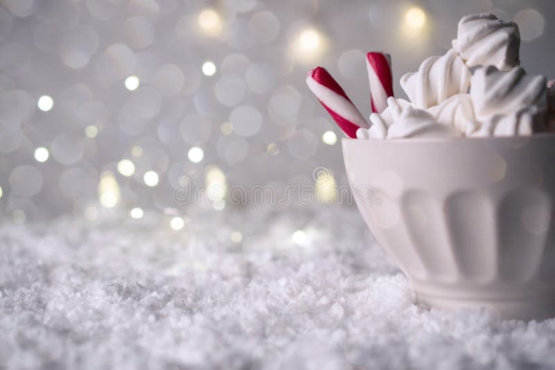 Hot Coffee cup with marshmallows and red candy cane on a frosty winter background. Christmas holidays background. Copy space for text. Text greeting stock images, royalty-free photos and pictures