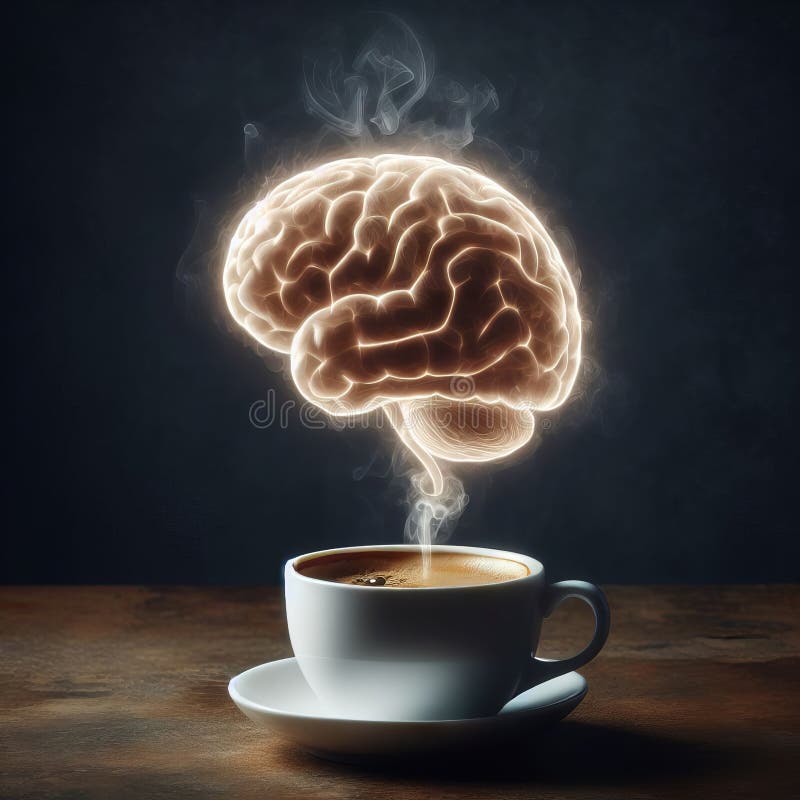Hot coffee with a faint steam of a brain floating on top, the concept of coffee helping brain function stock illustration