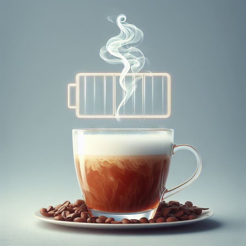 Hot coffee with a faint steam. An image of the battery status bar almost full. floating on top. Concept of coffee to recharge your royalty free illustration