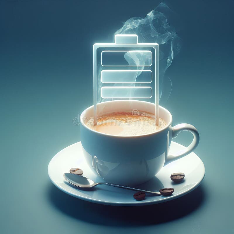 Hot coffee with a faint steam. An image of the battery status bar almost full. floating on top. Concept of coffee to recharge your brain