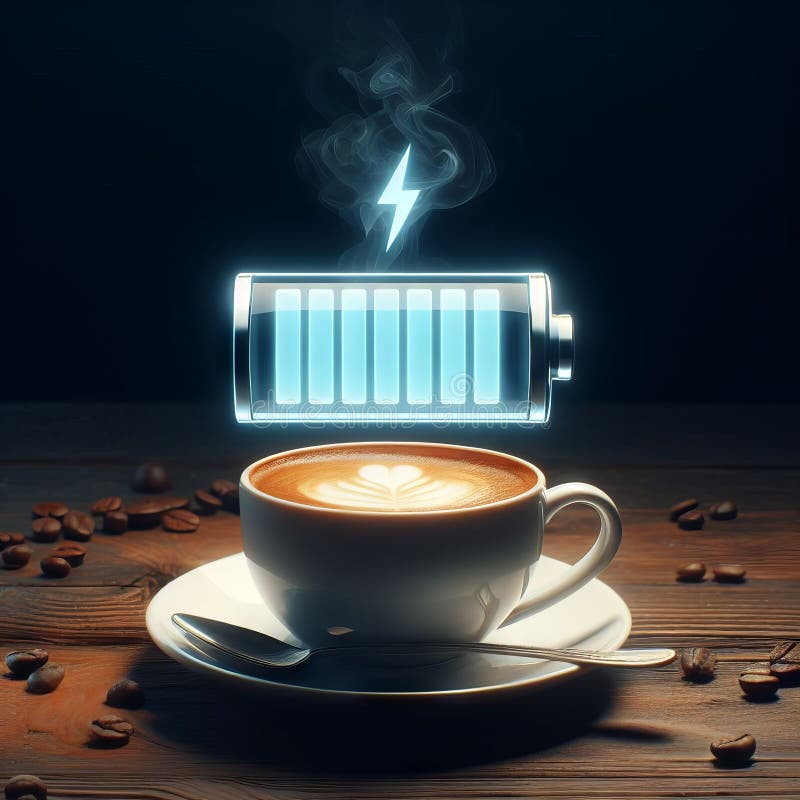 Hot coffee with a faint steam. An image of the battery status bar almost full. floating on top. Concept of coffee to recharge your stock illustration