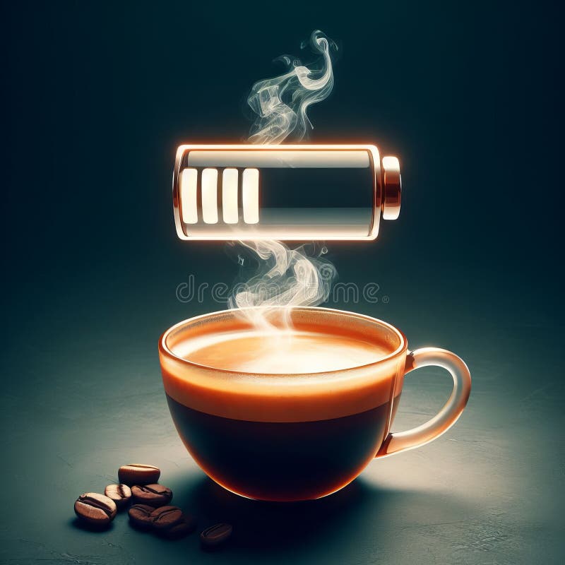 Hot coffee with a faint steam. An image of the battery status bar almost full. floating on top. Concept of coffee to recharge your vector illustration