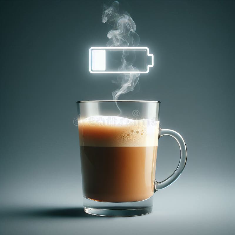 Hot coffee with a faint steam. An image of the battery status bar almost full. floating on top. Concept of coffee to recharge your stock illustration