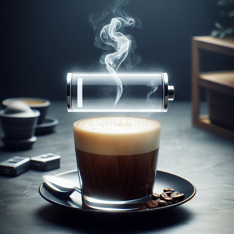 Hot coffee with a faint steam. An image of the battery status bar almost full. floating on top. Concept of coffee to recharge your stock illustration