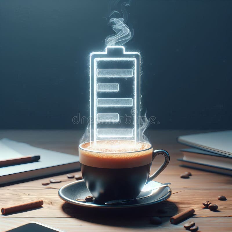 Hot coffee with a faint steam. An image of the battery status bar almost full. floating on top. Concept of coffee to recharge your vector illustration
