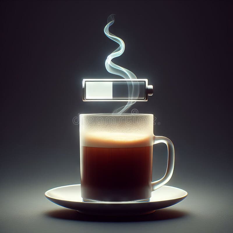 Hot coffee with a faint steam. An image of the battery status bar almost full. floating on top. Concept of coffee to recharge your royalty free illustration