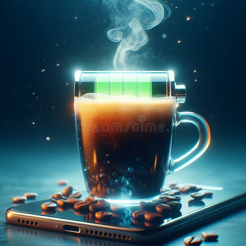 Hot coffee with a faint steam. An image of the battery status bar almost full. floating on top. Concept of coffee to recharge your royalty free illustration