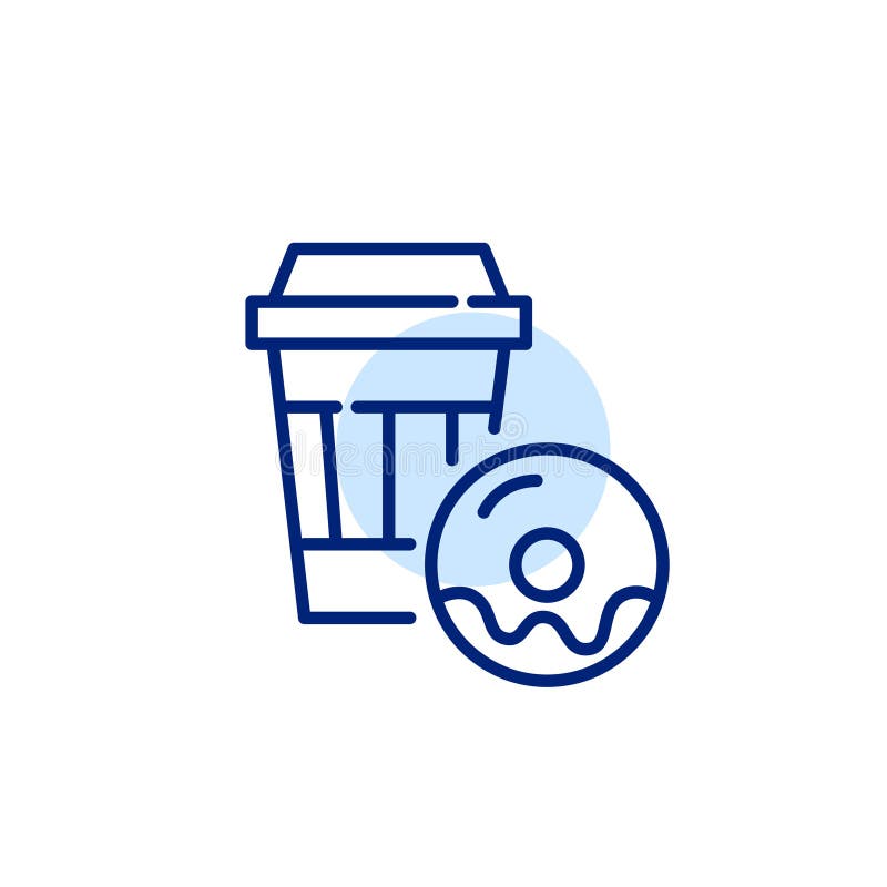 Hot coffee in paper takeout cup with glazed donut. Pixel perfect, editable stroke icon vector illustration Hot coffee in paper takeout cup with glazed donut. Pixel perfect, editable stroke icon vector illustration