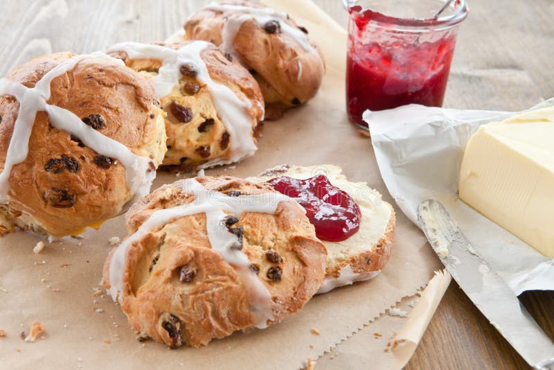 Hot Cross Buns with Butter and Jam Stock Photo Image of traditional, icing 50039532