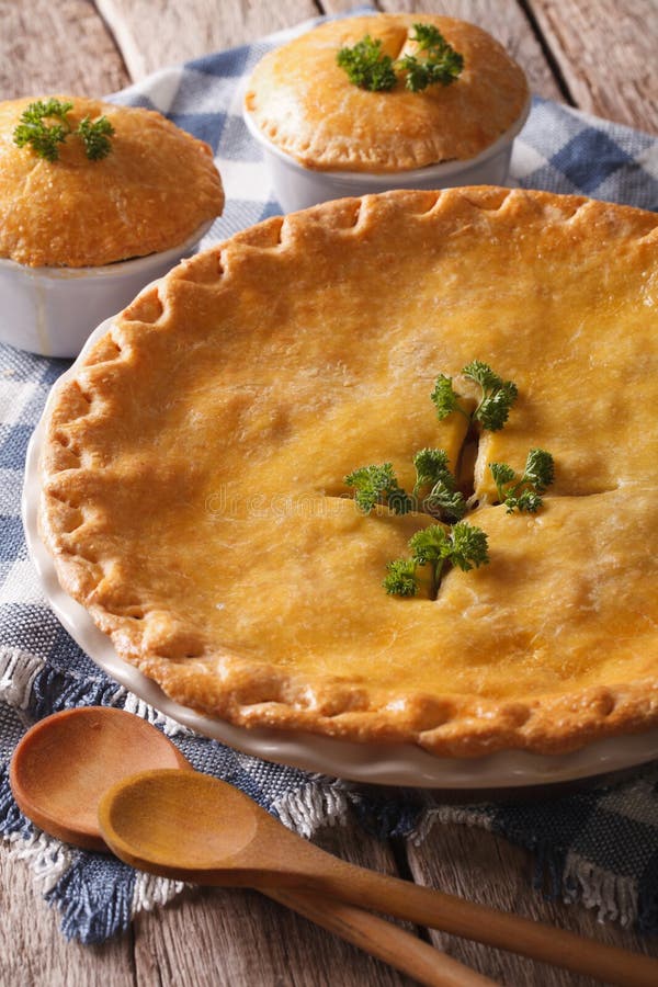 Hot Delicious Chicken Pot Pie in the Baking Dish Close Up. Vertical