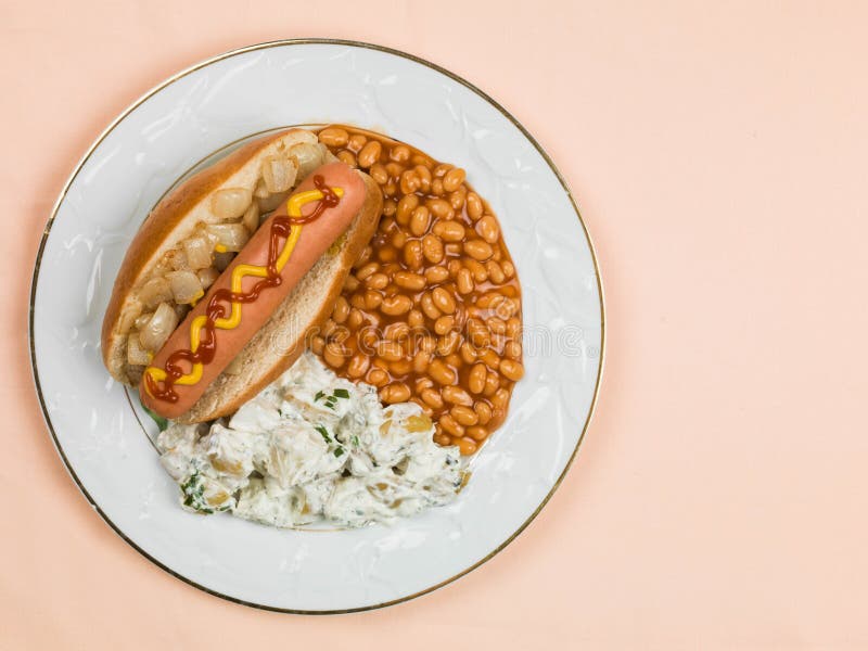 Hot Dog In A Bun With Baked Beans And Potato Salad Stock Photo Image Of Dinner Latest 89831130